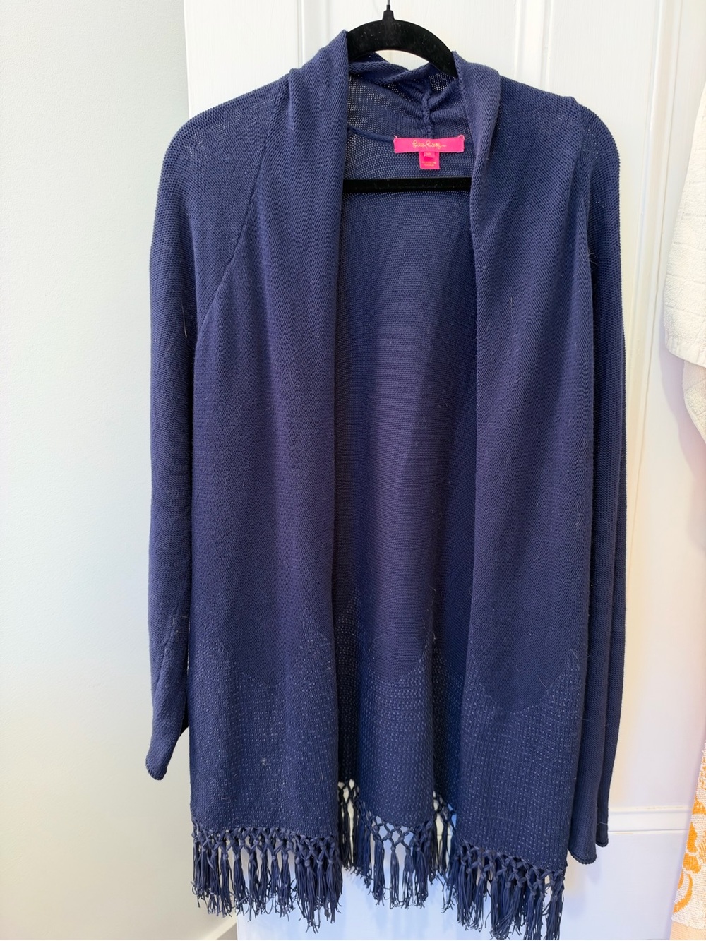 Lilly Pulitzer Navy Open-Front Cardigan with Fringe Cotton-Blend XL